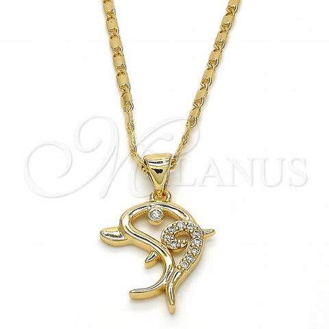 Oro Laminado Pendant Necklace, Gold Filled Style Dolphin Design, with White Cubic Zirconia, Polished, Golden Finish, 04.156.0152.20