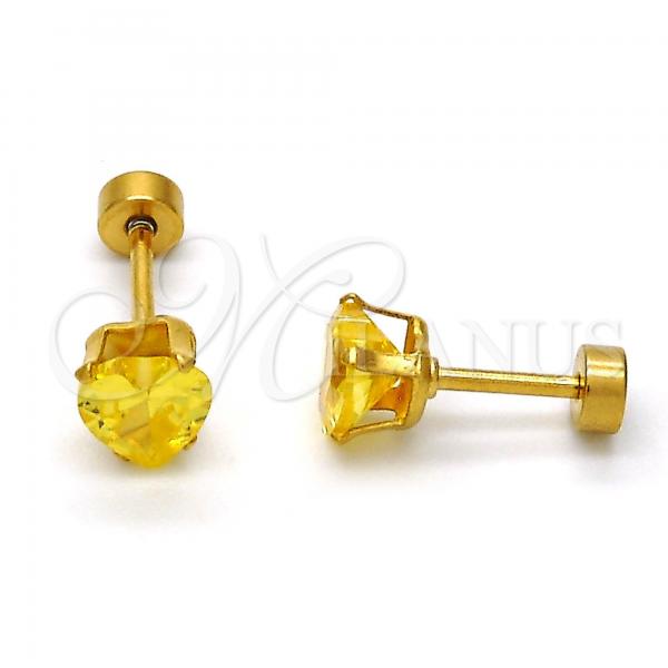 Stainless Steel Stud Earring, Heart Design, with Peridot Cubic Zirconia, Polished, Golden Finish, 02.271.0009.5