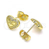 Oro Laminado Stud Earring, Gold Filled Style Mom and Heart Design, with White Micro Pave, Polished, Golden Finish, 02.156.0631