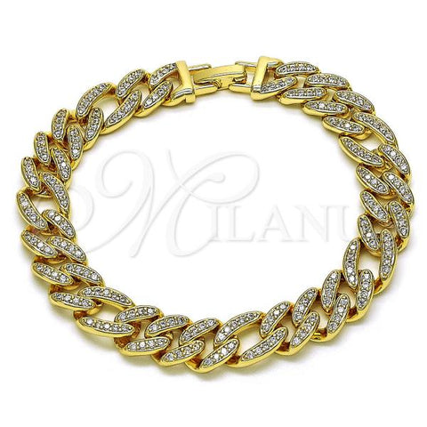 Oro Laminado Fancy Bracelet, Gold Filled Style Figaro Design, with White Micro Pave, Polished, Golden Finish, 03.283.0320.08