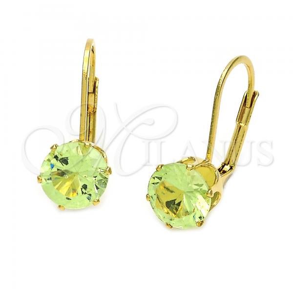 Oro Laminado Leverback Earring, Gold Filled Style with Light Green Cubic Zirconia, Polished, Golden Finish, 5.128.079.1