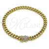 Oro Laminado Basic Anklet, Gold Filled Style Miami Cuban Design, with White Micro Pave, Polished, Golden Finish, 04.156.0466.10