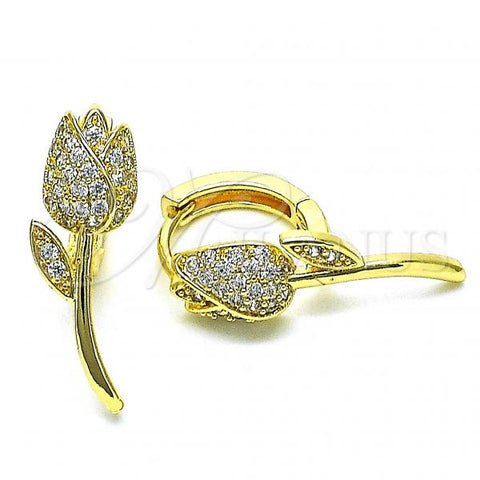 Oro Laminado Huggie Hoop, Gold Filled Style Flower Design, with White Micro Pave, Polished, Golden Finish, 02.210.0806.15