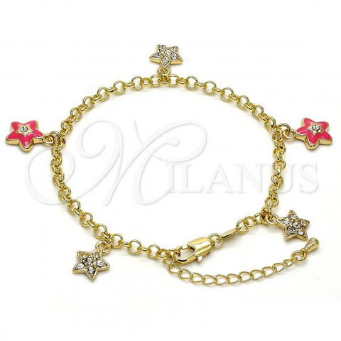 Oro Laminado Charm Bracelet, Gold Filled Style Star and Rolo Design, with White Crystal, Pink Enamel Finish, Golden Finish, 03.63.1367.07