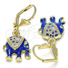 Oro Laminado Dangle Earring, Gold Filled Style Elephant Design, with White Crystal, Blue Enamel Finish, Golden Finish, 02.351.0058.4