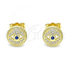 Oro Laminado Stud Earring, Gold Filled Style Evil Eye Design, with Sapphire Blue Cubic Zirconia and White Micro Pave, Polished, Golden Finish, 02.156.0596
