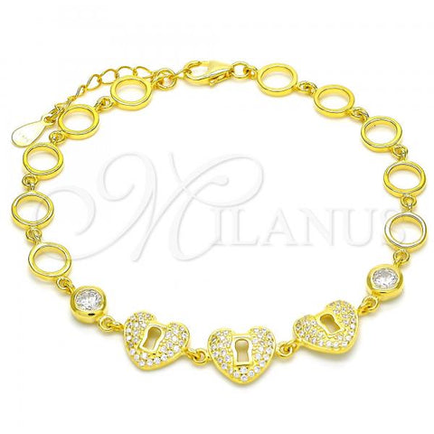 Sterling Silver Fancy Bracelet, Heart and Lock Design, with White Cubic Zirconia, Polished, Golden Finish, 03.369.0009.2.07