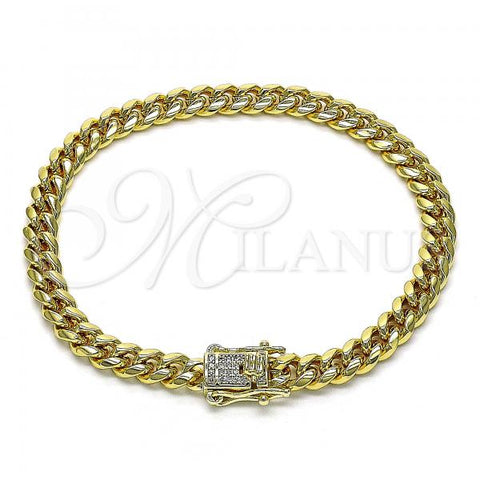 Oro Laminado Basic Bracelet, Gold Filled Style Miami Cuban Design, with White Micro Pave, Polished, Golden Finish, 04.156.0465.08