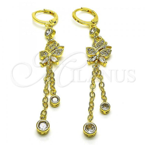 Oro Laminado Long Earring, Gold Filled Style Rolo and Butterfly Design, with White Micro Pave and White Cubic Zirconia, Polished, Golden Finish, 02.316.0083.2