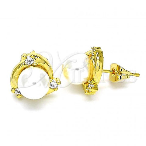 Oro Laminado Stud Earring, Gold Filled Style with Ivory Pearl and White Cubic Zirconia, Polished, Golden Finish, 02.342.0149
