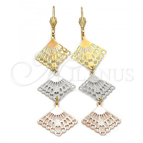 Oro Laminado Long Earring, Gold Filled Style Diamond Cutting Finish, Tricolor, 5.091.011