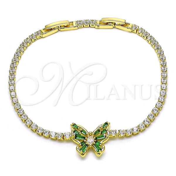 Oro Laminado Tennis Bracelet, Gold Filled Style Butterfly and Baguette Design, with Green and White Cubic Zirconia, Polished, Golden Finish, 03.284.0040.3.08