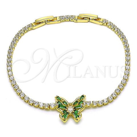 Oro Laminado Tennis Bracelet, Gold Filled Style Butterfly and Baguette Design, with Green and White Cubic Zirconia, Polished, Golden Finish, 03.284.0040.3.08