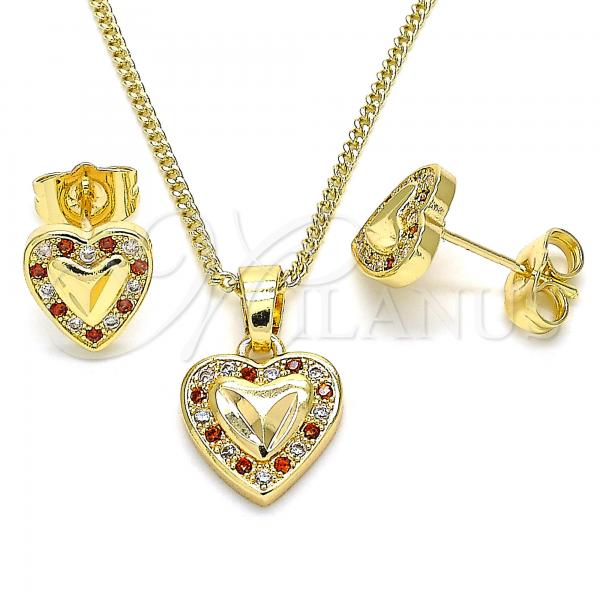 Oro Laminado Earring and Pendant Adult Set, Gold Filled Style Heart Design, with Garnet and White Micro Pave, Polished, Golden Finish, 10.233.0034.8