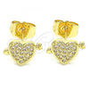 Oro Laminado Stud Earring, Gold Filled Style Heart Design, with White Micro Pave, Polished, Golden Finish, 02.156.0489