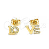 Oro Laminado Stud Earring, Gold Filled Style Love Design, with White Micro Pave, Polished, Golden Finish, 02.213.0266