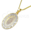 Oro Laminado Pendant Necklace, Gold Filled Style Guadalupe Design, Polished, Tricolor, 04.106.0051.20