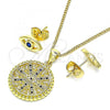 Oro Laminado Earring and Pendant Adult Set, Gold Filled Style Evil Eye Design, with Sapphire Blue and White Micro Pave, Polished, Golden Finish, 10.156.0397.2