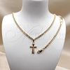 Oro Laminado Necklace and Bracelet, Gold Filled Style Cross and Miami Cuban Design, Polished, Golden Finish, 06.63.0277