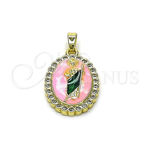 Oro Laminado Religious Pendant, Gold Filled Style San Judas Design, with White Cubic Zirconia, Pink Enamel Finish, Two Tone, 05.284.0017.1