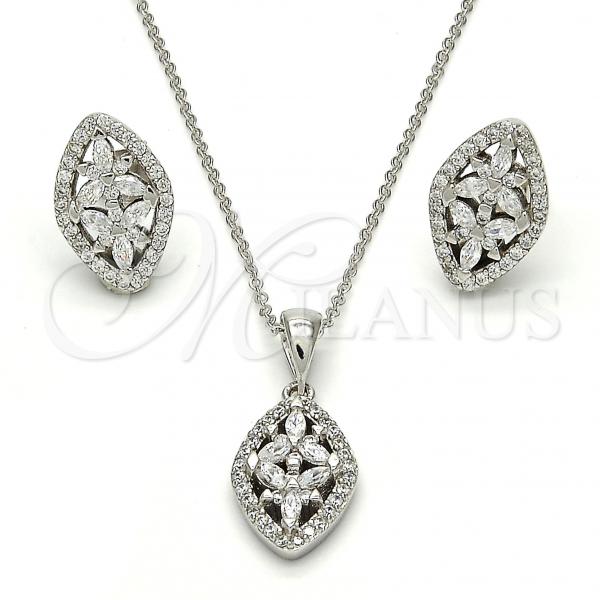 Sterling Silver Earring and Pendant Adult Set, Flower Design, with White Cubic Zirconia, Polished, Rhodium Finish, 10.175.0026