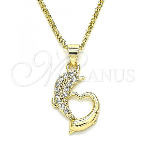 Oro Laminado Pendant Necklace, Gold Filled Style Dolphin and Heart Design, with White Micro Pave, Polished, Golden Finish, 04.344.0024.20