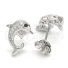 Sterling Silver Stud Earring, Dolphin Design, with Black and White Cubic Zirconia, Polished, Rhodium Finish, 02.336.0082