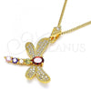 Oro Laminado Pendant Necklace, Gold Filled Style Dragon-Fly Design, with Multicolor Cubic Zirconia and White Micro Pave, Polished, Golden Finish, 04.283.0001.20