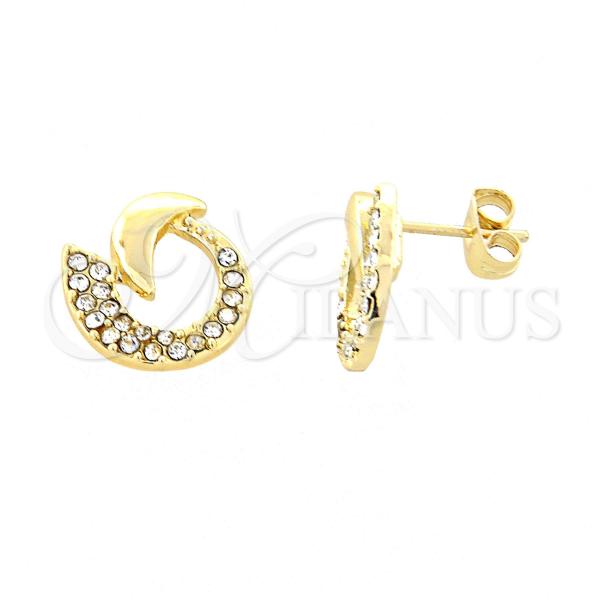 Oro Laminado Stud Earring, Gold Filled Style Moon Design, with White Crystal, Polished, Golden Finish, 02.59.0046