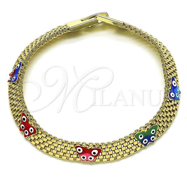 Oro Laminado Fancy Bracelet, Gold Filled Style Butterfly and Bismark Design, Multicolor Enamel Finish, Golden Finish, 03.331.0214.08