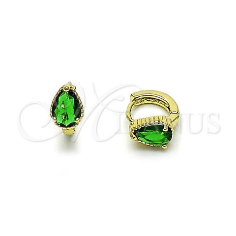 Oro Laminado Huggie Hoop, Gold Filled Style Teardrop Design, with Green Cubic Zirconia, Polished, Golden Finish, 02.196.0198.10