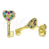 Oro Laminado Stud Earring, Gold Filled Style key and Heart Design, with Multicolor Micro Pave, Polished, Golden Finish, 02.210.0407.1