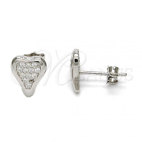 Sterling Silver Stud Earring, Heart Design, with White Micro Pave, Polished, Rhodium Finish, 02.290.0018