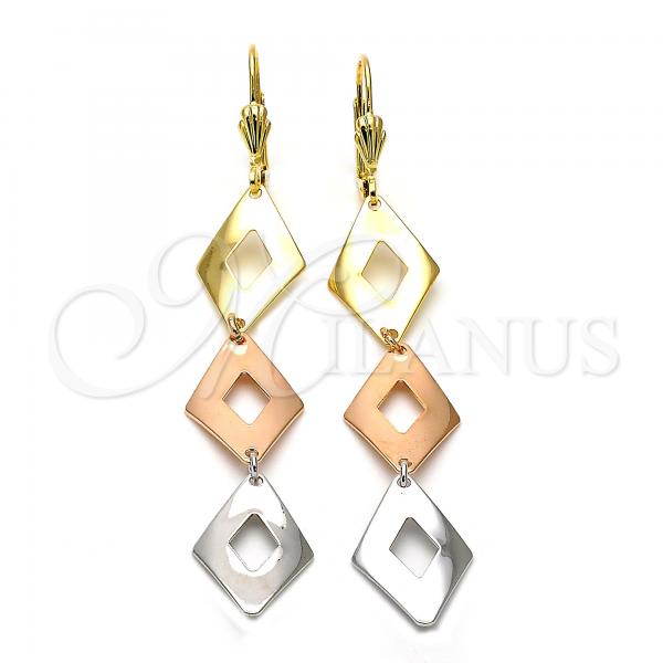 Oro Laminado Long Earring, Gold Filled Style Diamond Cutting Finish, Tricolor, 02.63.2147