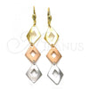 Oro Laminado Long Earring, Gold Filled Style Diamond Cutting Finish, Tricolor, 02.63.2147