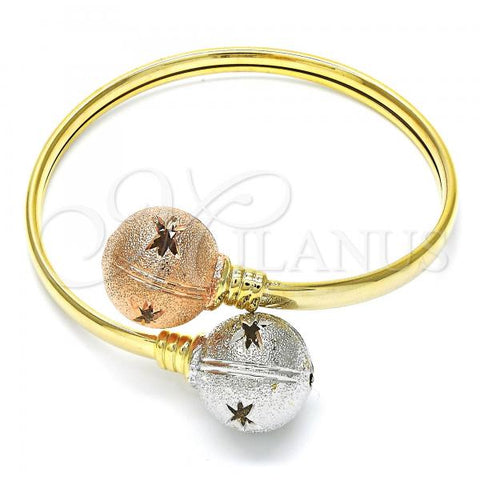 Oro Laminado Individual Bangle, Gold Filled Style Ball and Hollow Design, Diamond Cutting Finish, Tricolor, 07.102.0003 (05 MM Thickness, One size fits all)
