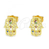 Oro Laminado Stud Earring, Gold Filled Style Hand of God Design, with Multicolor Micro Pave, Polished, Golden Finish, 02.310.0040