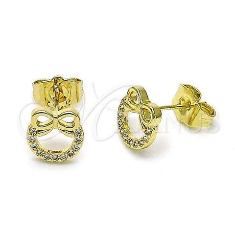 Oro Laminado Stud Earring, Gold Filled Style Bow Design, with White Micro Pave, Polished, Golden Finish, 02.196.0160