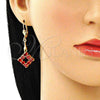 Oro Laminado Long Earring, Gold Filled Style with Garnet Cubic Zirconia, Polished, Golden Finish, 02.387.0053.1