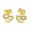 Oro Laminado Stud Earring, Gold Filled Style Heart Design, with White Micro Pave, Polished, Golden Finish, 02.156.0628