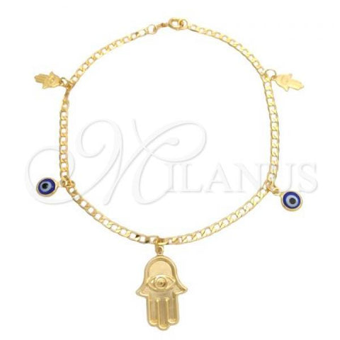 Oro Laminado Charm Anklet , Gold Filled Style Hand of God and Evil Eye Design, Polished, Golden Finish, 03.58.0056.10