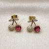 Oro Laminado Stud Earring, Gold Filled Style Cherry Design, with Ruby Cubic Zirconia and White Micro Pave, Polished, Golden Finish, 02.283.0252