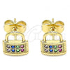 Oro Laminado Stud Earring, Gold Filled Style Lock Design, with Multicolor Micro Pave, Polished, Golden Finish, 02.210.0422.1