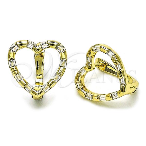 Oro Laminado Huggie Hoop, Gold Filled Style Heart and Baguette Design, with White Cubic Zirconia, Polished, Golden Finish, 02.213.0735.12