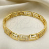 Oro Laminado Fancy Bracelet, Gold Filled Style Greek Key Design, with White Micro Pave, Polished, Golden Finish, 03.346.0007.07