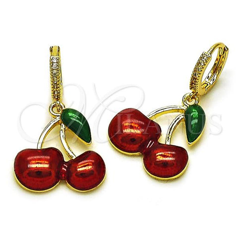 Oro Laminado Dangle Earring, Gold Filled Style Cherry Design, with White Micro Pave, Red Enamel Finish, Golden Finish, 02.417.0002