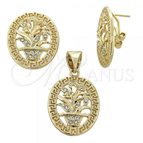 Oro Laminado Earring and Pendant Adult Set, Gold Filled Style Flower Design, with White Crystal, Polished, Golden Finish, 5.046.005