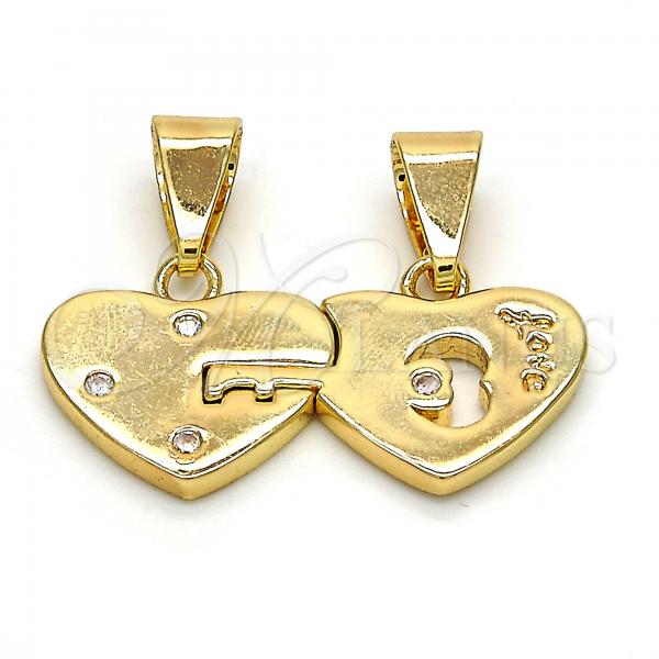 Oro Laminado Fancy Pendant, Gold Filled Style Heart and Love Design, with White Cubic Zirconia, Polished, Golden Finish, 05.179.0054