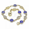Oro Laminado Fancy Bracelet, Gold Filled Style Evil Eye and Hand of God Design, Blue Resin Finish, Golden Finish, 03.326.0007.1.08