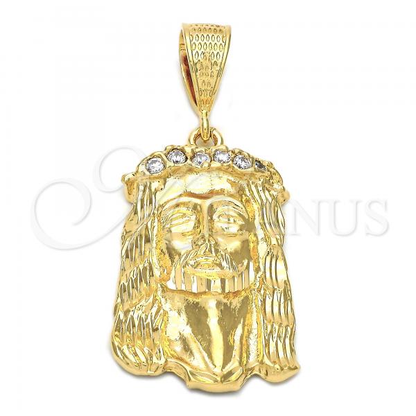 Oro Laminado Religious Pendant, Gold Filled Style Jesus Design, with White Crystal, Golden Finish, 5.187.002